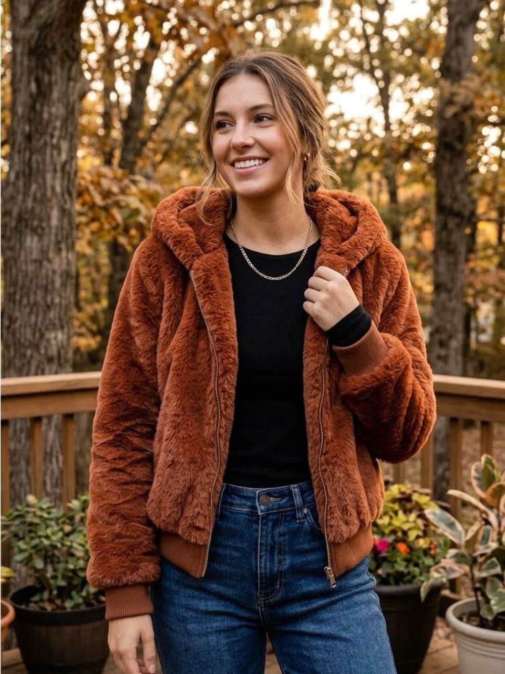 Love Tree Plush Hooded Jacket in Rust Brown